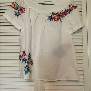 Talbots White Pink Boxy Embellished Blouse